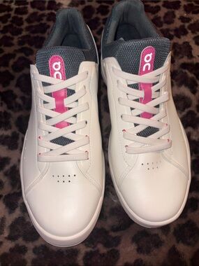 On Cloud Running Women’s White Sneakers with Pink Tongue Accent